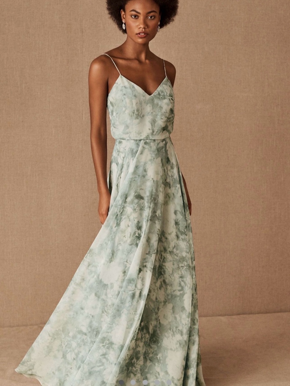 Jenny Yoo Inesse floral chiffon gown in the color Morning Mist